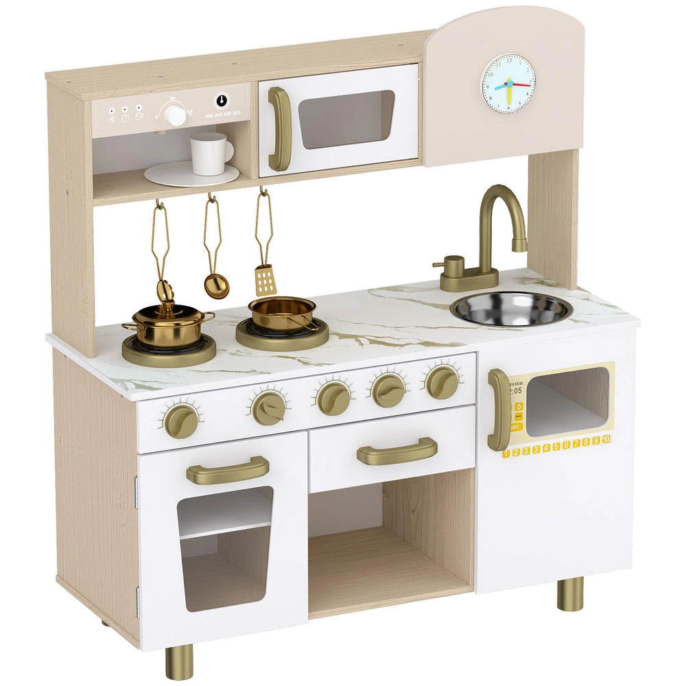 Cucina giocattolo per bambini in legno bianco con utensili in acciaio inox, gioco di imitazione pratico e robusto