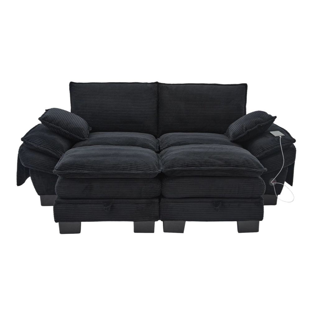 Divano modulare 2 posti ULEVR 190x132x84 cm con 2 pouf, porta USB-C e tasche laterali, velluto a coste nero