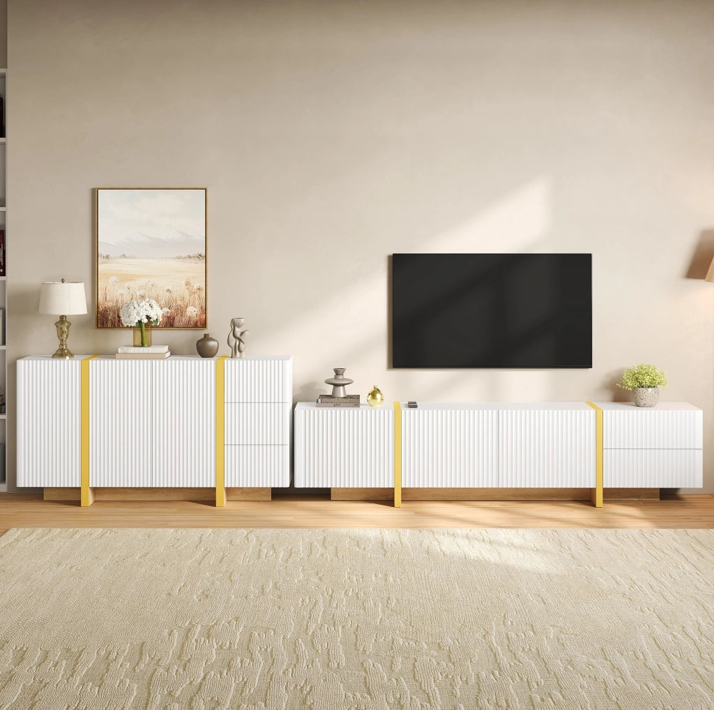 Set mobile TV e credenza bianco con frontali scanalati in MDF e truciolare