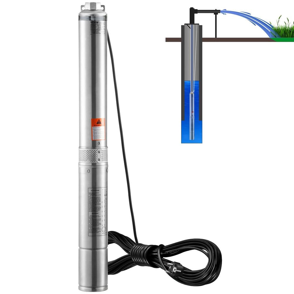 Pompa Sommergibile per Pozzi Profondi 750W in Acciaio Inox IP68 Prevalenza 75m Portata 7,1 m³/h con Cavo 9,1m per Irrigazione e Giardino