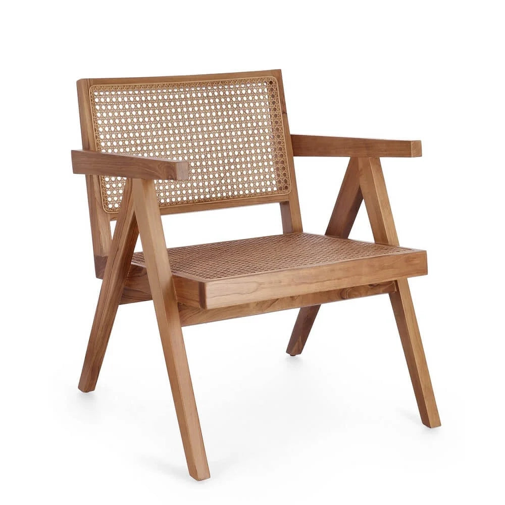 Poltrona Lounge in Legno di Teak con Schienale in Rattan Eloise Marrone