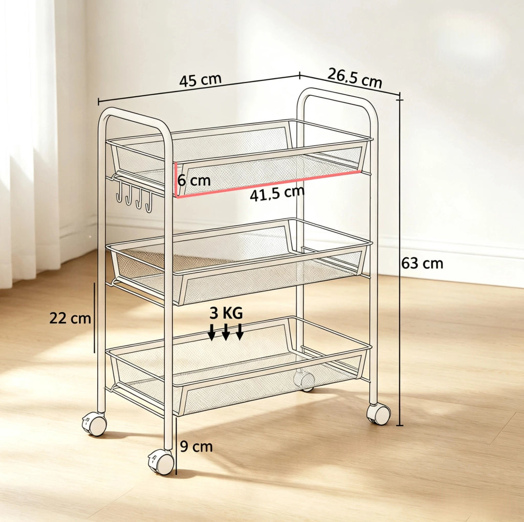 Carrello portaoggetti su ruote a 3 livelli in acciaio bianco per cucina e casa, 45x26,5x63 cm