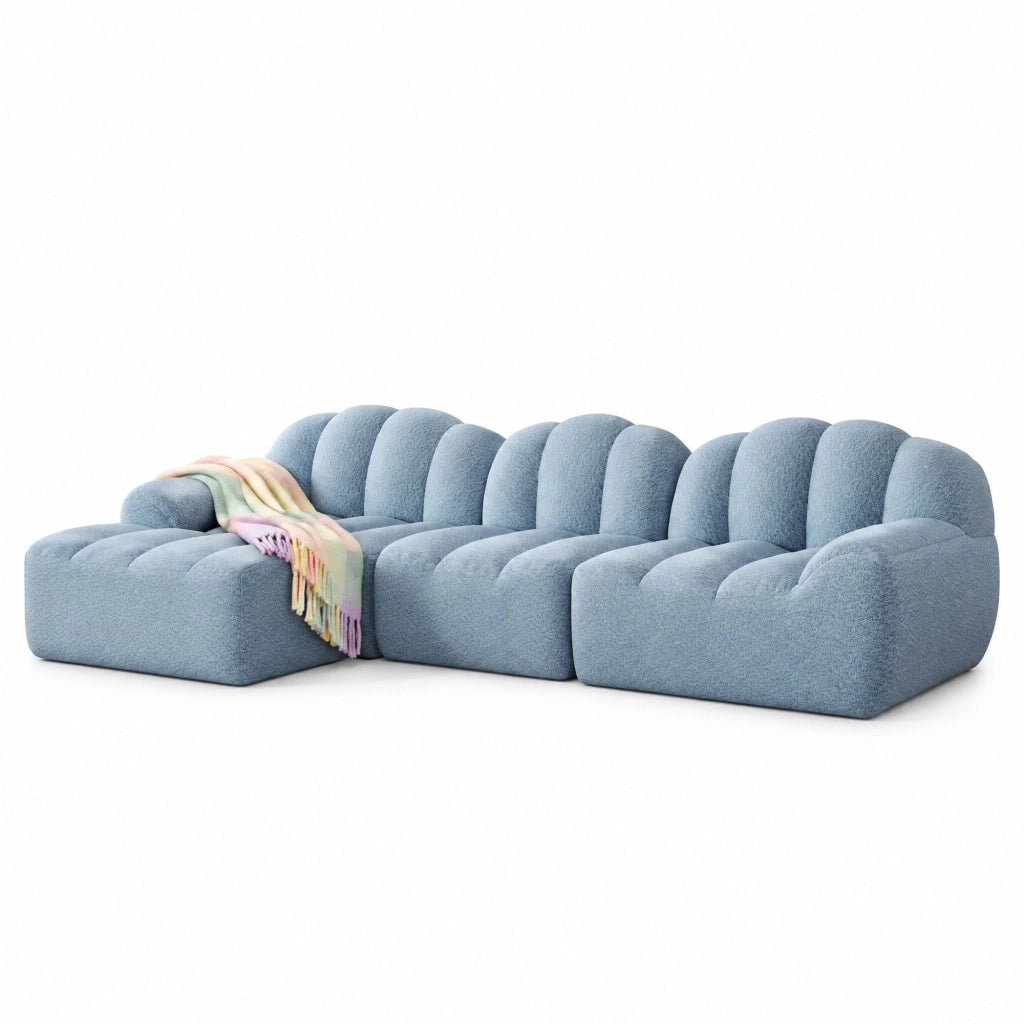 DIVANO angolare modulare 3 posti con pouf 288x165x79 cm in pile granulato blu