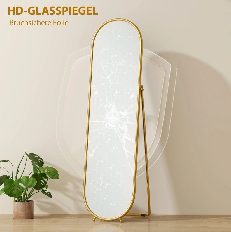 Specchio ovale a figura intera 50 x 180 cm con cornice dorata e supporto pieghevole