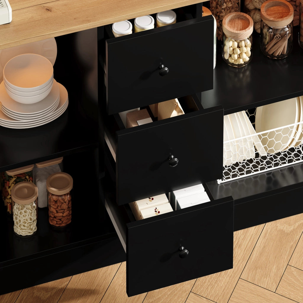 Mobile dispensa da cucina nero e naturale con LED e prese, 150 cm