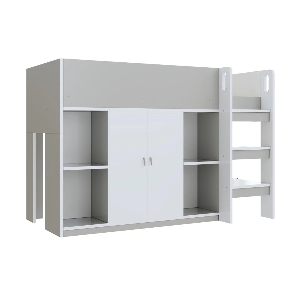Letti a soppalco per bambini 90x200 cm con scala, armadio e rete a doghe in legno grigio e bianco per cameretta, senza materasso