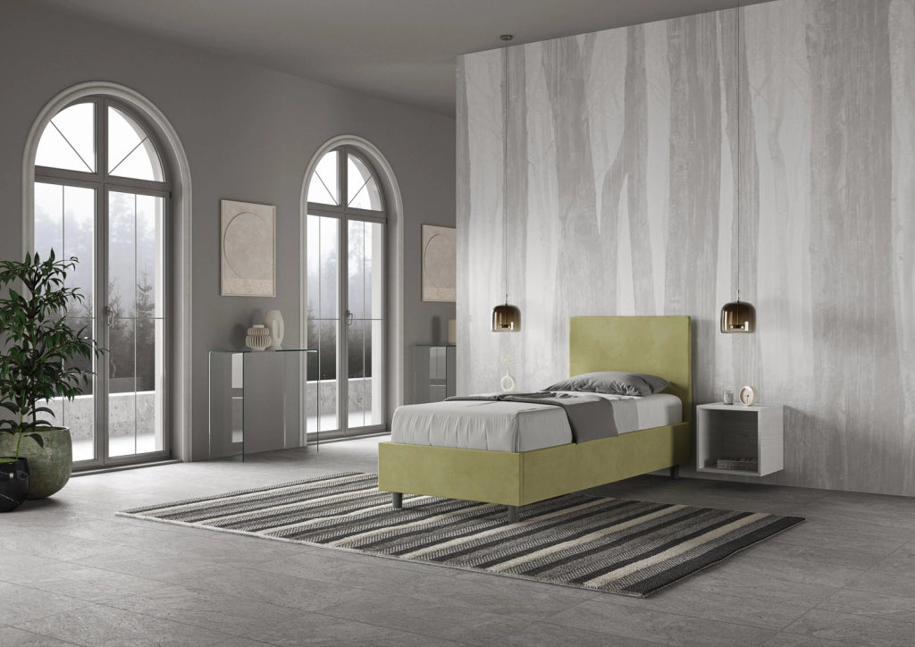 Letto Singolo Imbottito in Microfibra 80x200 Con Rete e Contenitore Adele Tè verde