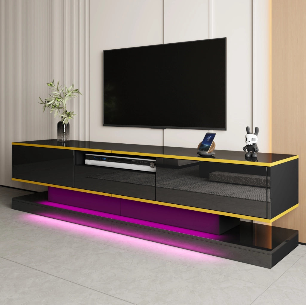 Mobile TV moderno nero lucido con tre cassetti e vano aperto, LED multicolore, 180x38x45 cm