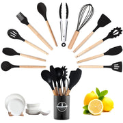 Set di 12 utensili da cucina in silicone nero con supporto