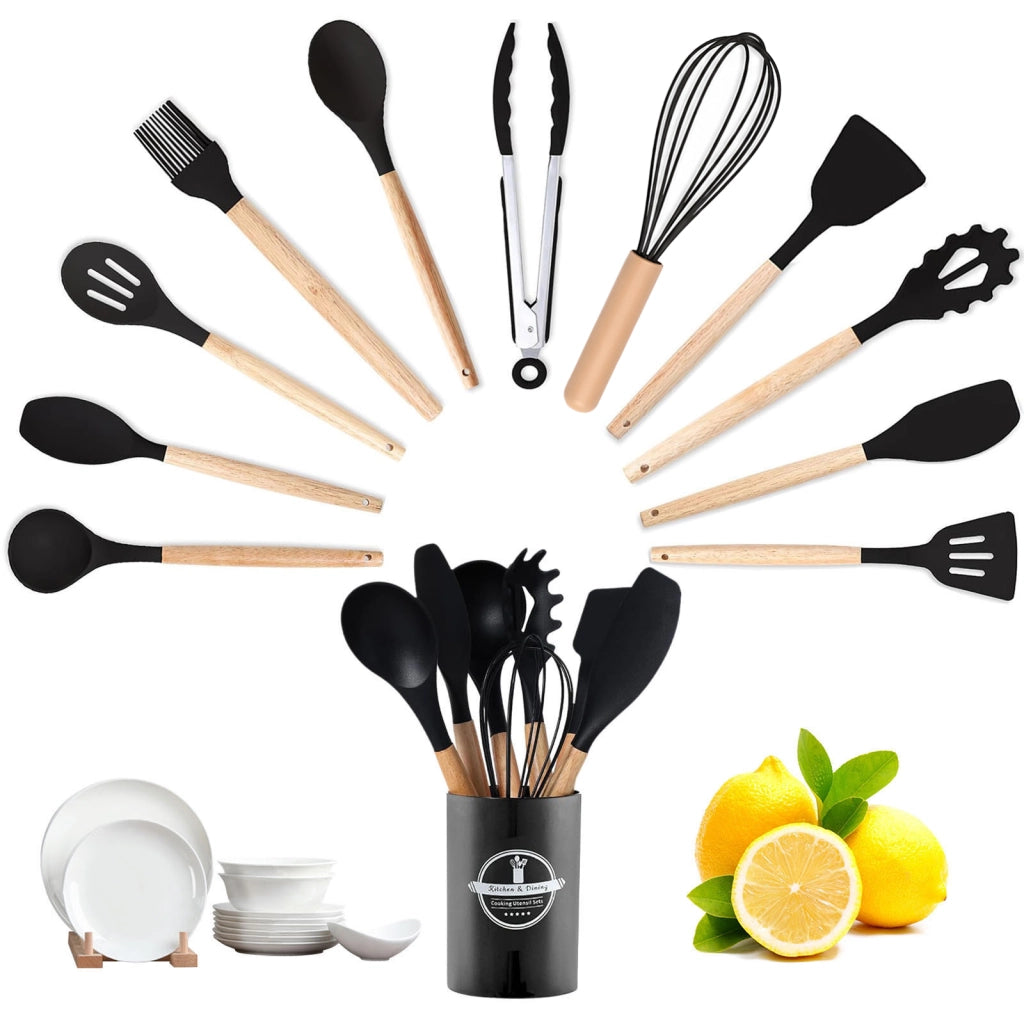 Set di 12 utensili da cucina in silicone nero con supporto