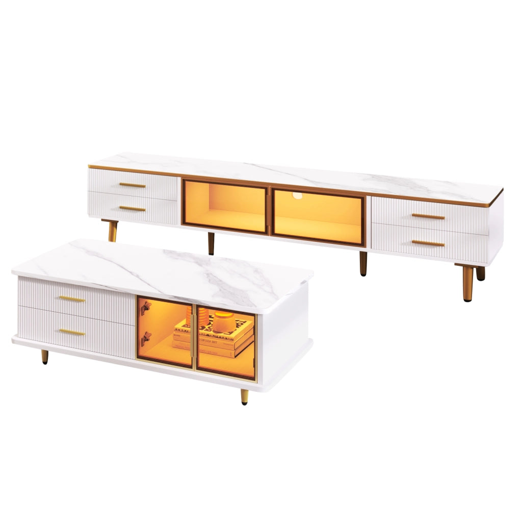 Set mobile TV 170 cm e tavolino 100 cm con LED multicolore; vetro e truciolare bianco
