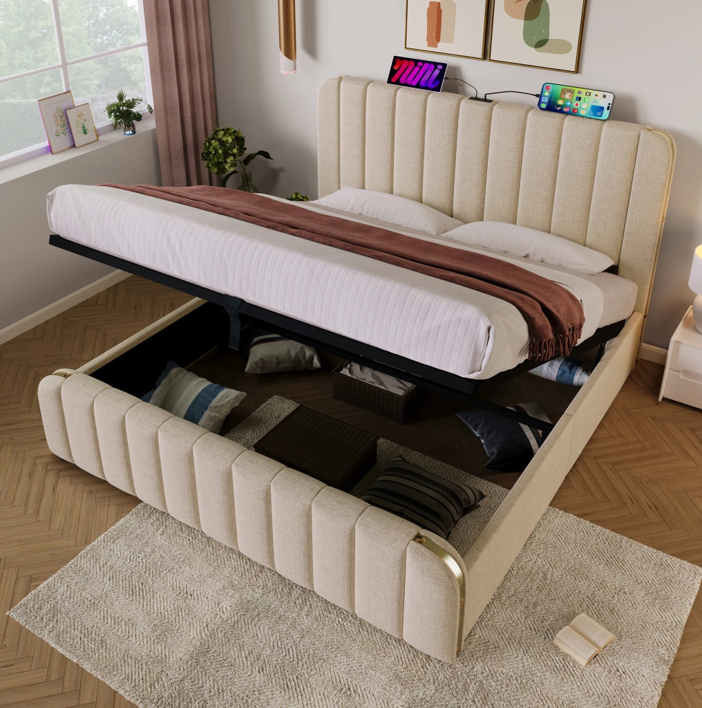 Letto matrimoniale contenitore 180x200 beige con materasso e USB-C