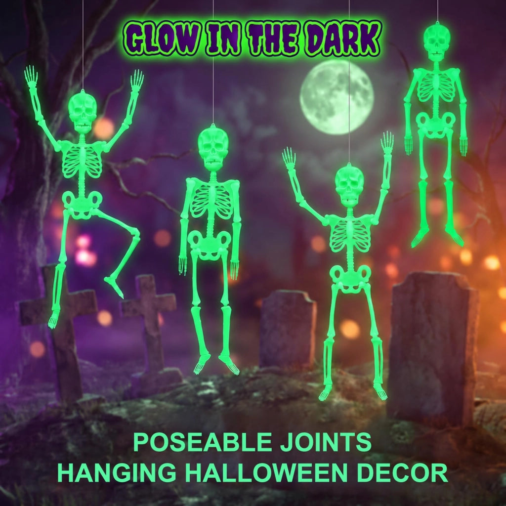 Set di 4 scheletri luminosi per Halloween, 30 cm, che si illuminano al buio