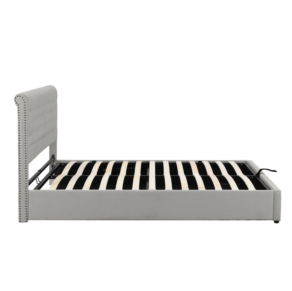 Letto in cotone e lino 140x200 cm con base a doghe, contenitore e leva idraulica, senza materasso