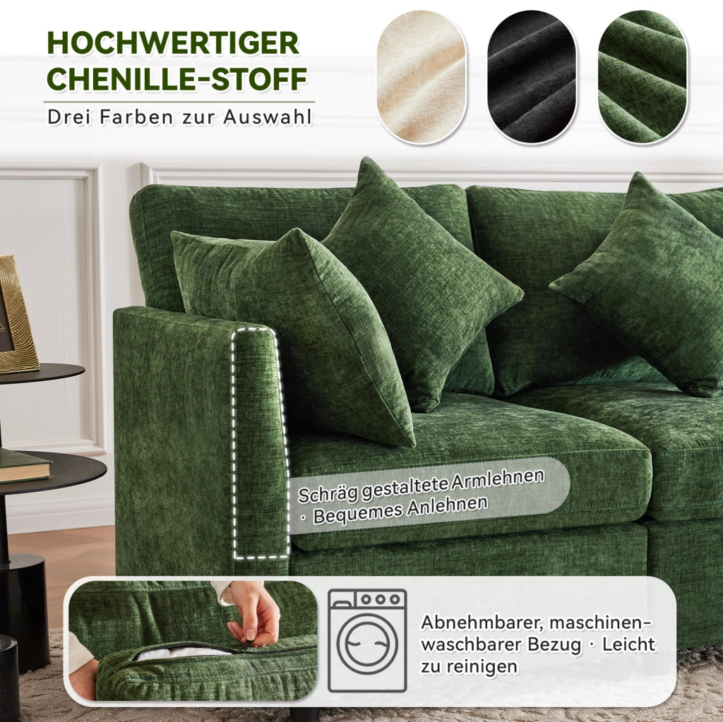 DIVANO modulare 4-6 posti 278x161x81 cm in chenille verde con 2 pouf e 6 cuscini