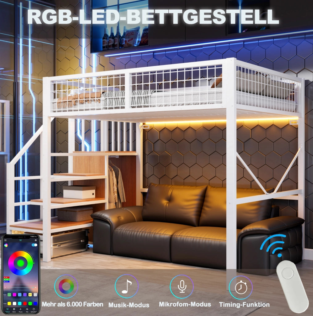 Letto a soppalco 140 x 200 cm bianco con scala contenitore e LED