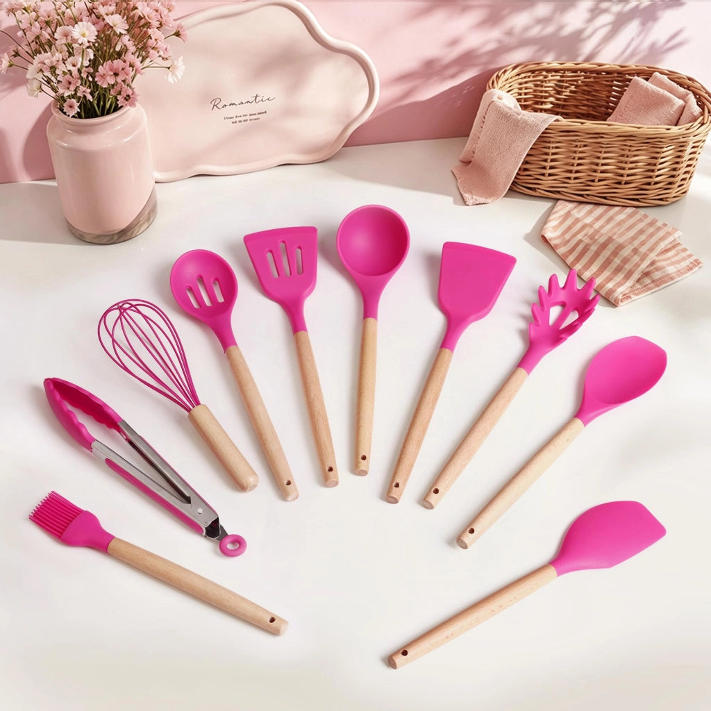 Set di accessori da cucina, 10 pezzi, in silicone, con manici in legno, colore rosa