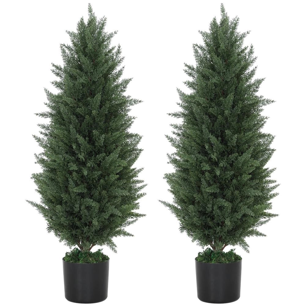 Set di 2 cipressi artificiali da 90 cm piante finte con vaso in cemento e 831 foglie resistenti UV per interno ed esterno verde