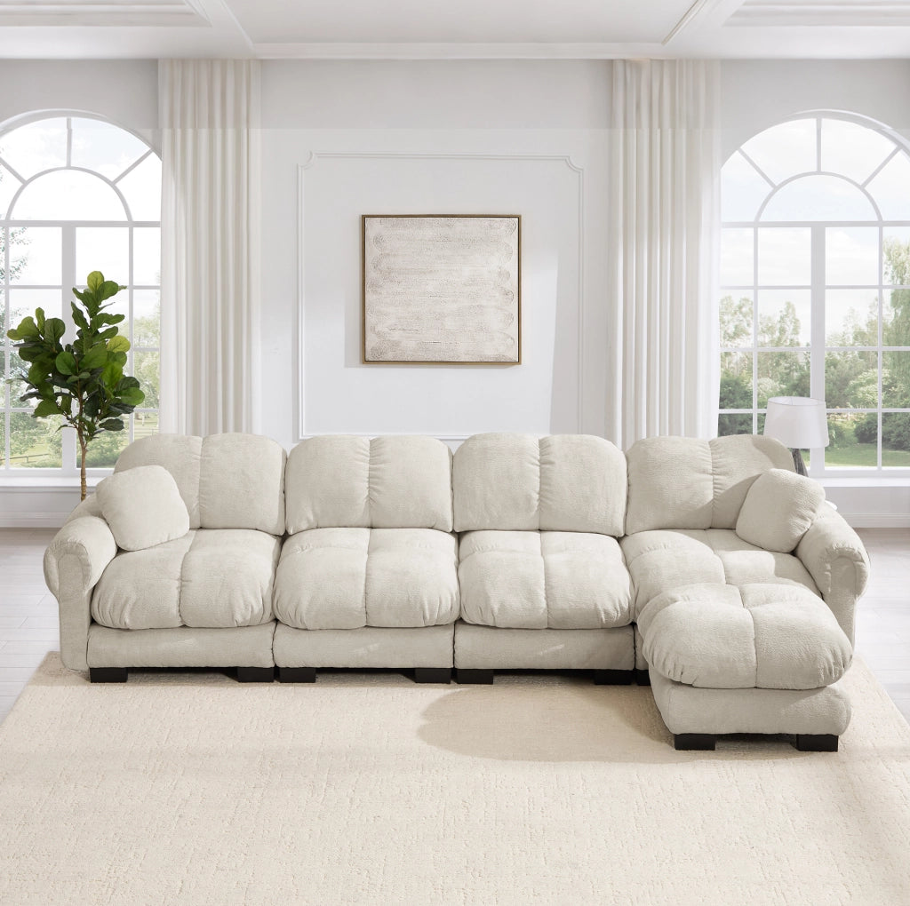 Divano modulare in ciniglia con pouf mobile, kaki chiaro