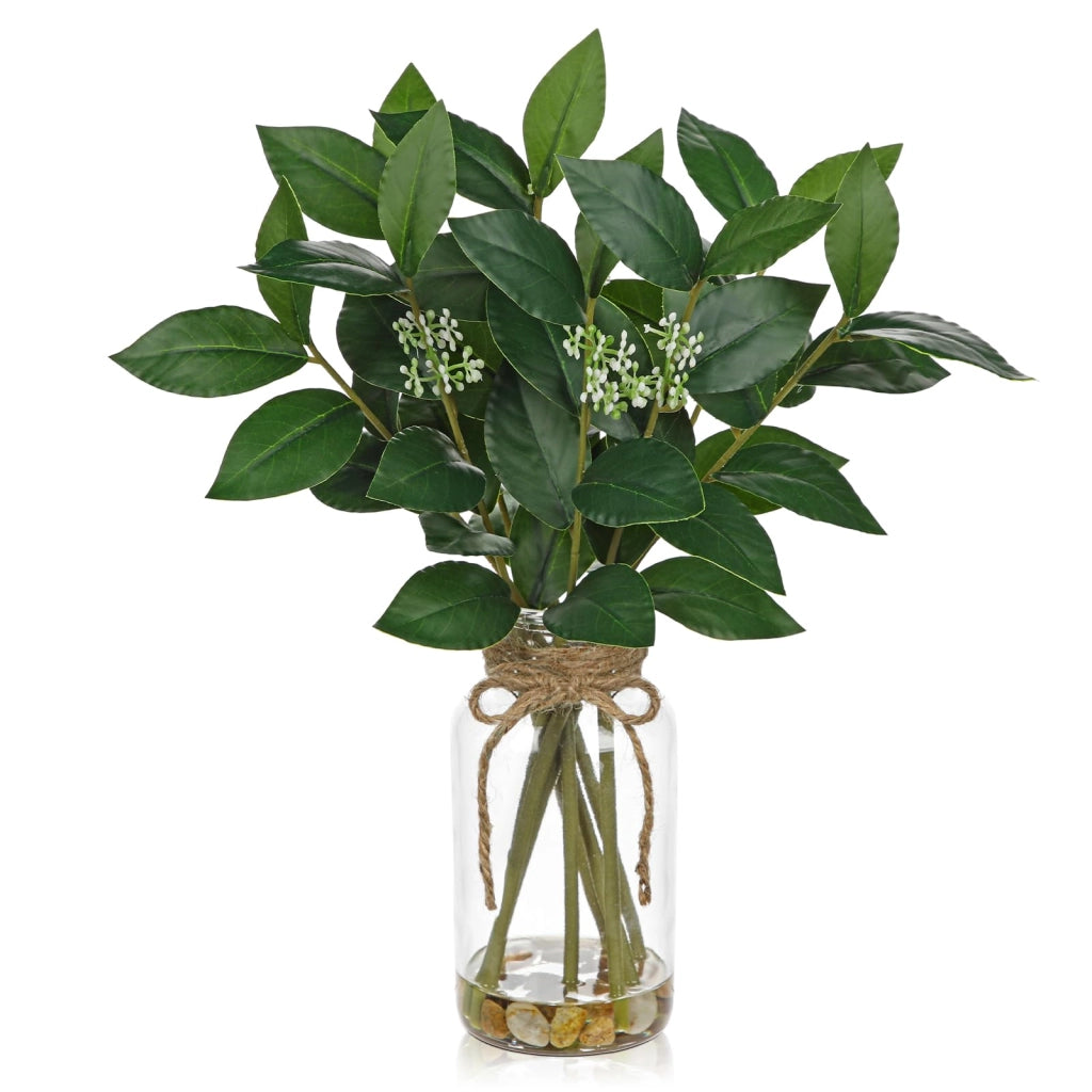 Pianta di alloro artificiale in vaso di vetro, altezza 36 cm