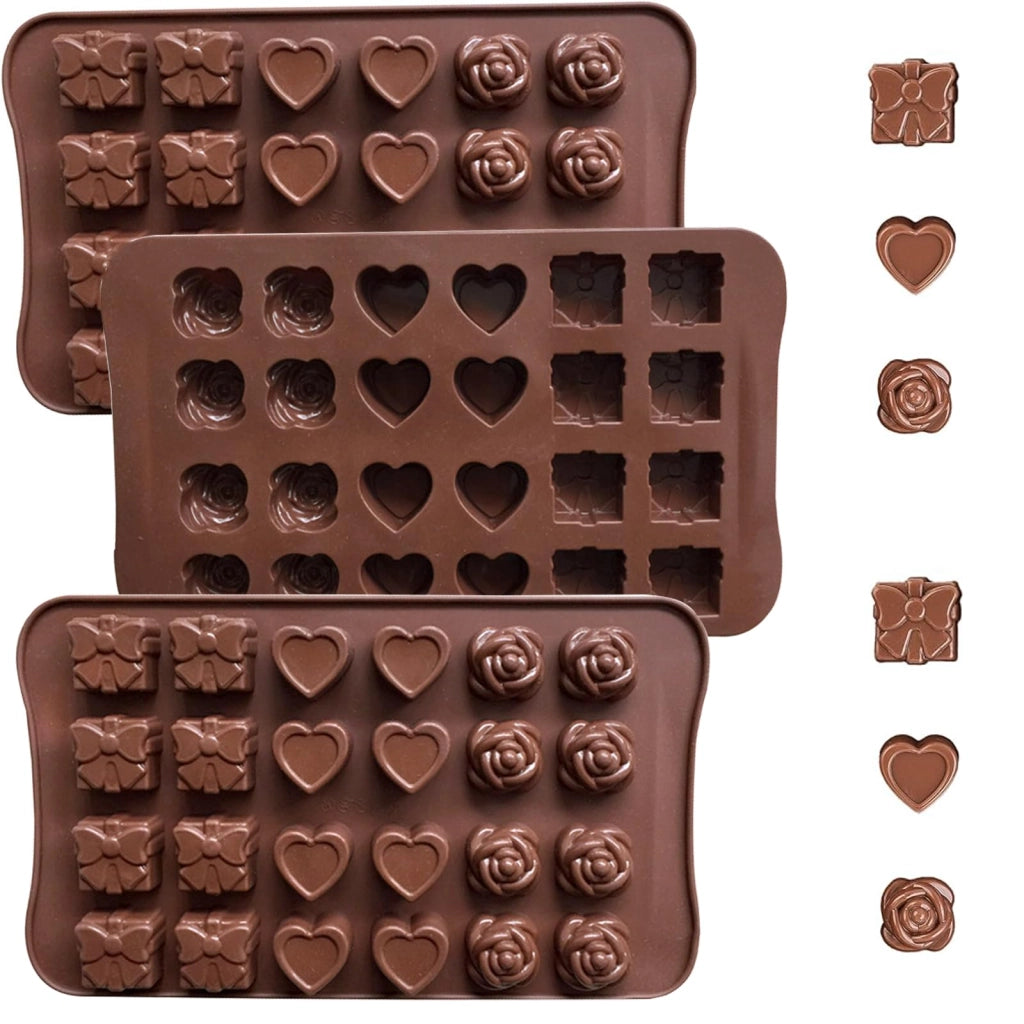 Set di 3 stampi in silicone per cioccolatini, con 24 cavità, a forma di cuore, rosa e scatola regalo