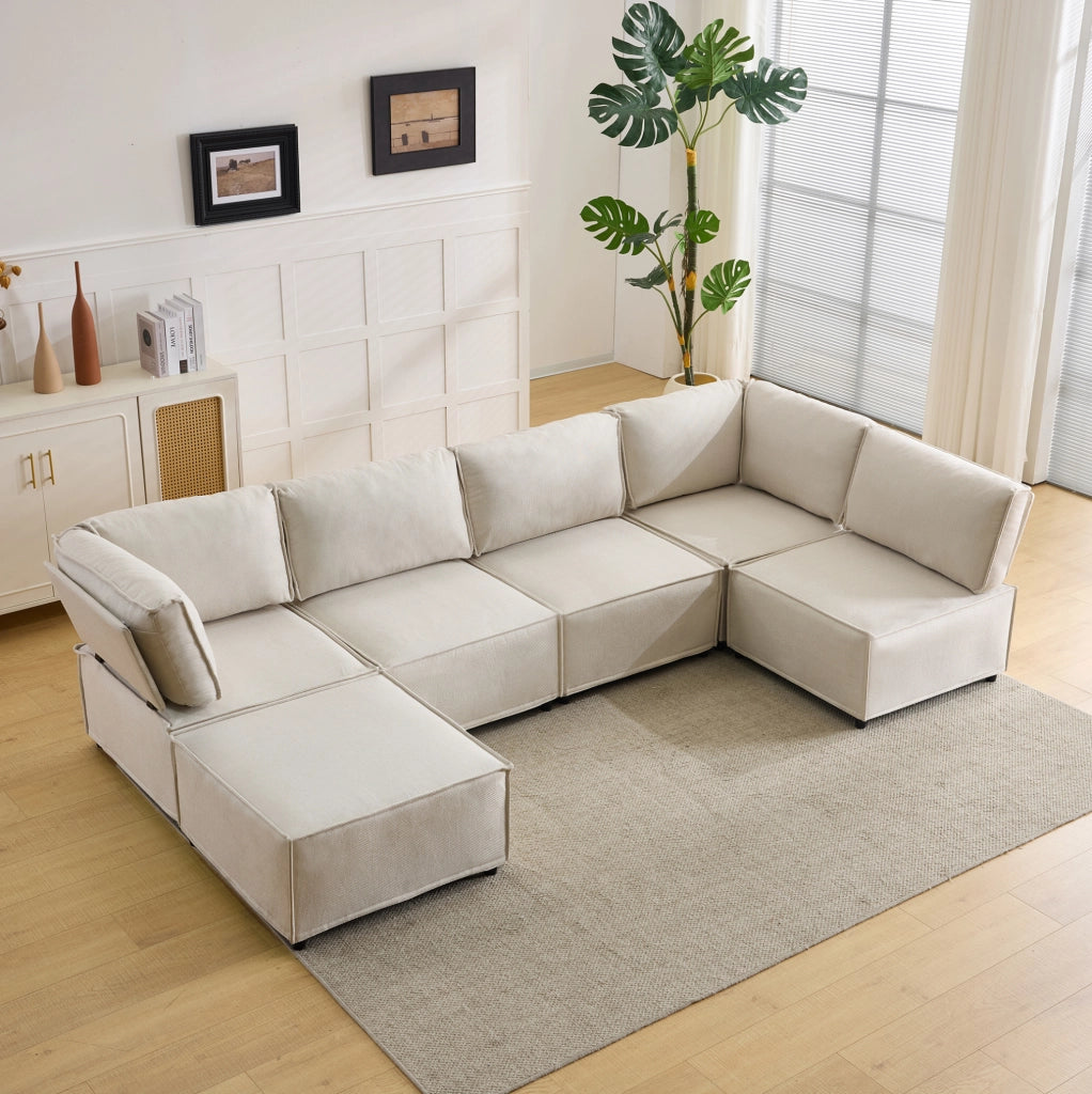 DIVANO angolare modulare 308x152x77 cm a 6 moduli beige con struttura in legno