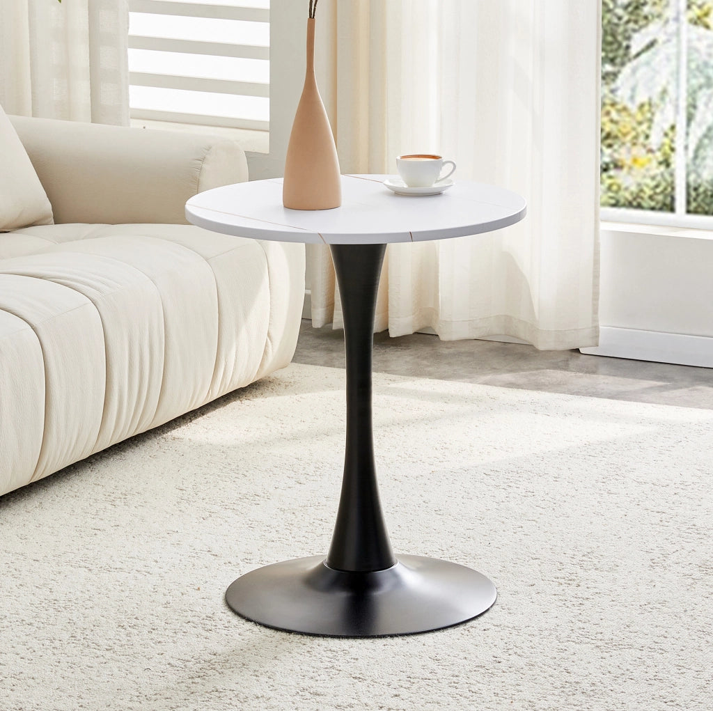 Tavolo rotondo IVMEU ? 60 cm in MDF e metallo, piano bianco venato e base nera per soggiorno