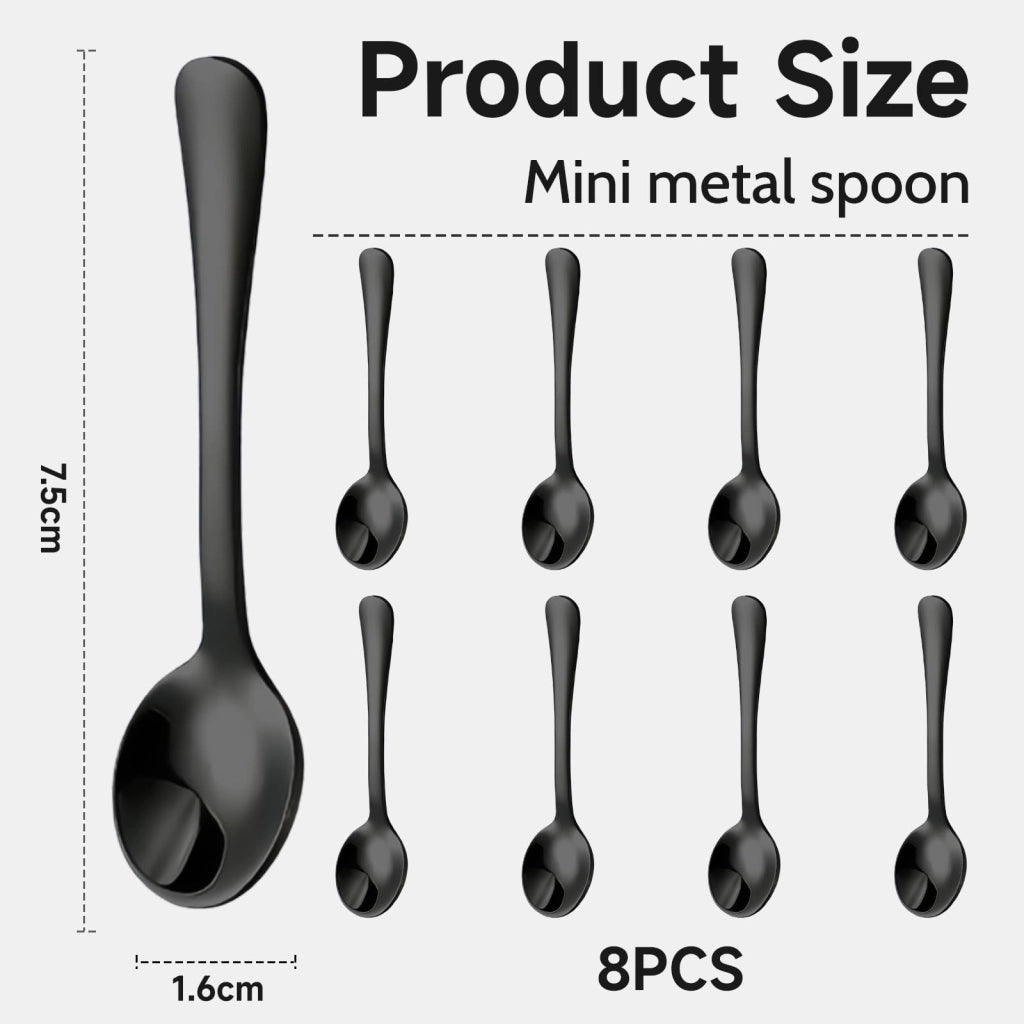 Set di 8 cucchiaini in acciaio inossidabile, lunghezza 7,5 cm, per spezie, colore nero