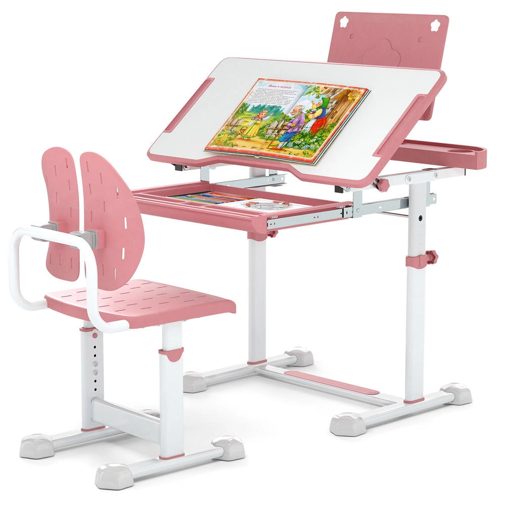 Set Scrivania e Sedia per Bambini Regolabile con Piano Inclinabile e Leggio Rosa per Studio e Cameretta