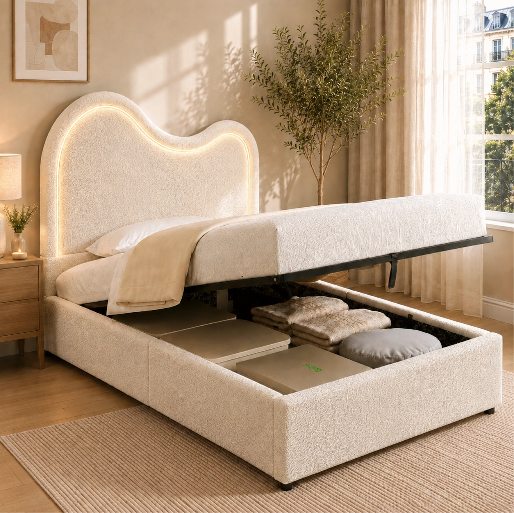 Letto singolo per bambini 90 x 200 cm con contenitore e LED, bianco
