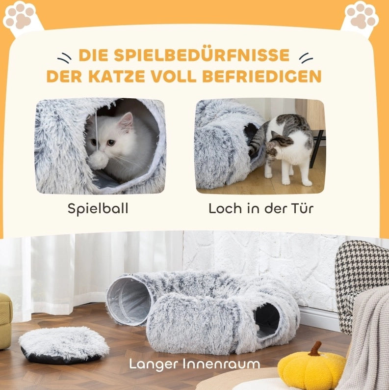 Tunnel gioco 3 in 1 per gatti pieghevole, grigio chiaro
