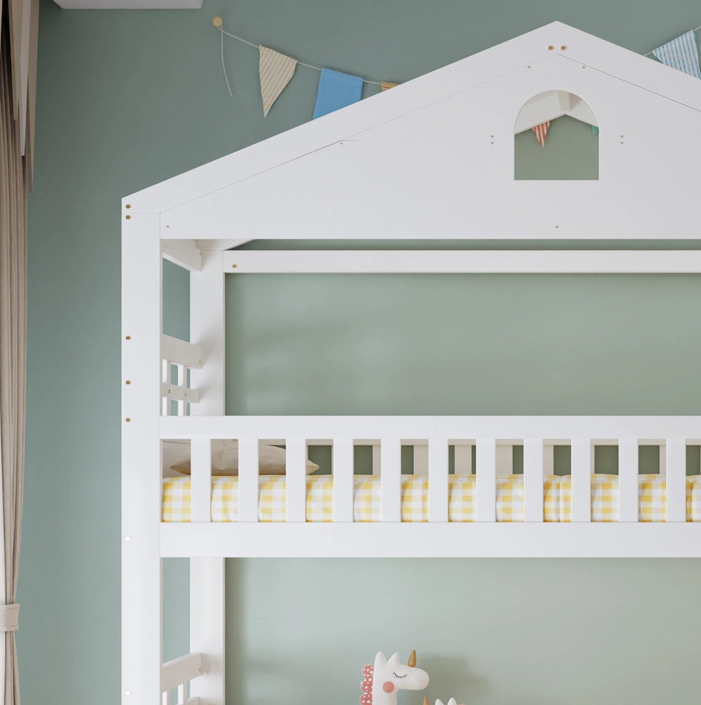 Letto a castello a casetta 90 x 200 cm bianco con 2 cassetti, vani laterali e scala