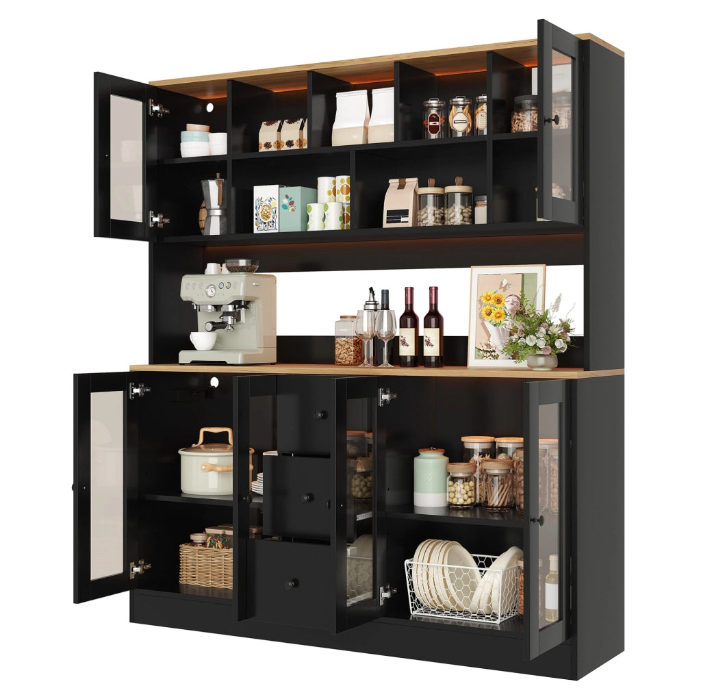 Mobile dispensa da cucina nero e naturale con LED e prese, 150 cm