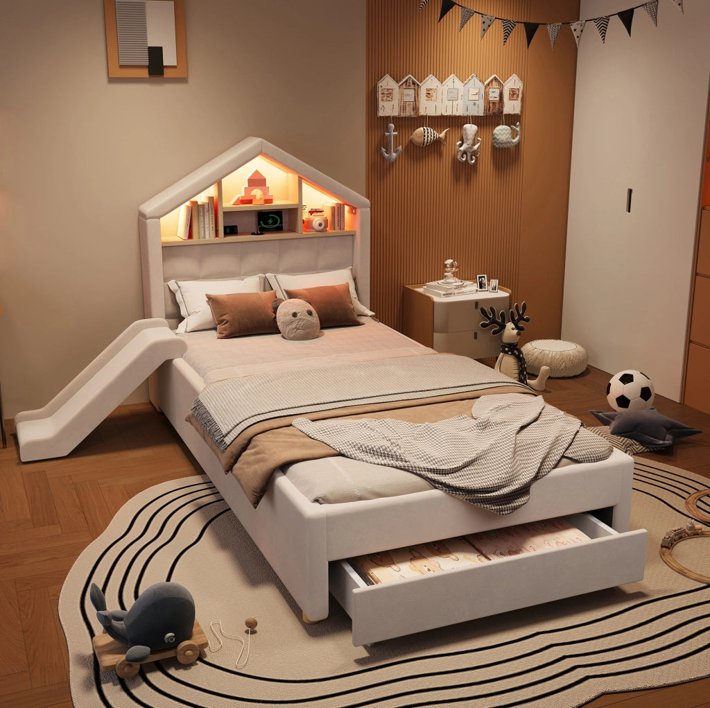 Letto per bambini imbottito beige 90 x 200 cm con scivolo e contenitore