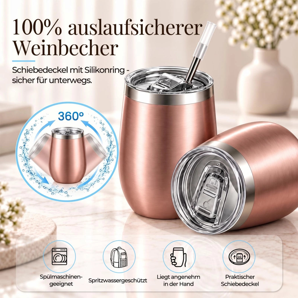 Set da 2 bicchieri in acciaio inossidabile per vino, da 350 ml, con isolamento sottovuoto, coperchio e cannucce