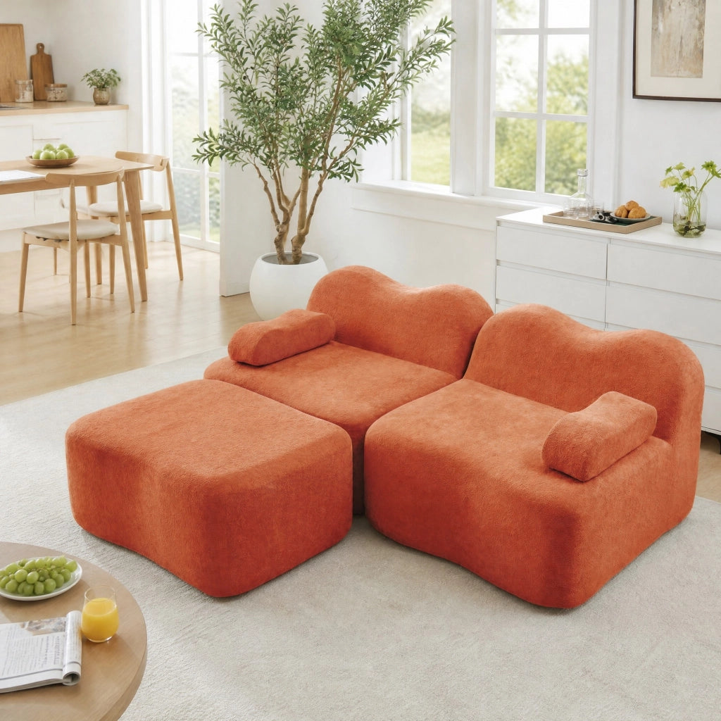Divano angolare modulare arancione in velluto con pouf