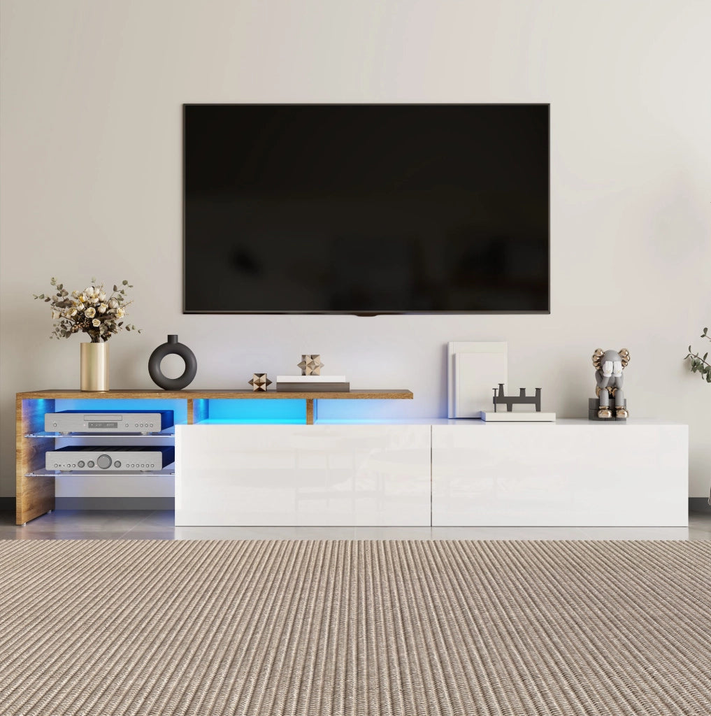 Mobile TV 170 x 33 x 33,5 cm bianco e legno, ripiani in vetro, LED