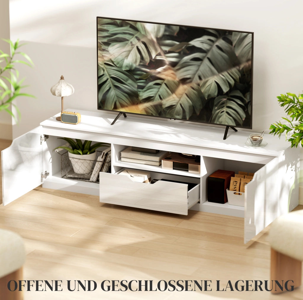 Mobile TV basso 160 cm in legno bianco con 2 ante, cassetto e passacavi