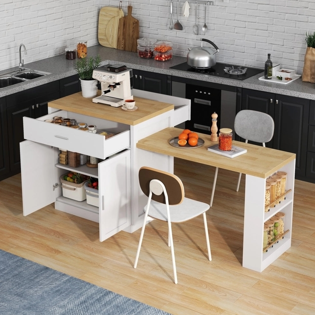 Isola cucina bianca con tavolo estraibile, prese USB e vani