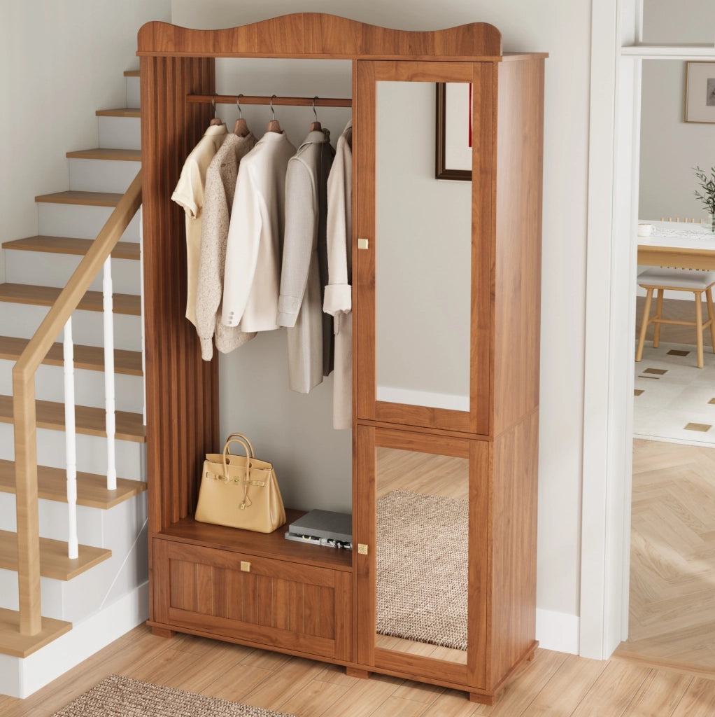 Armadio guardaroba 115;5x38;5x194;5 cm con specchio e appendiabiti in MDF noce