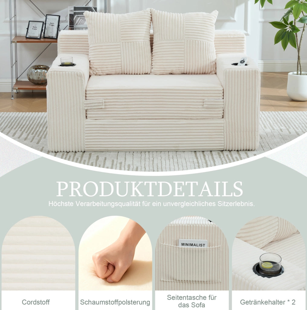 Divano in velluto a coste beige con tasche laterali e due cuscini