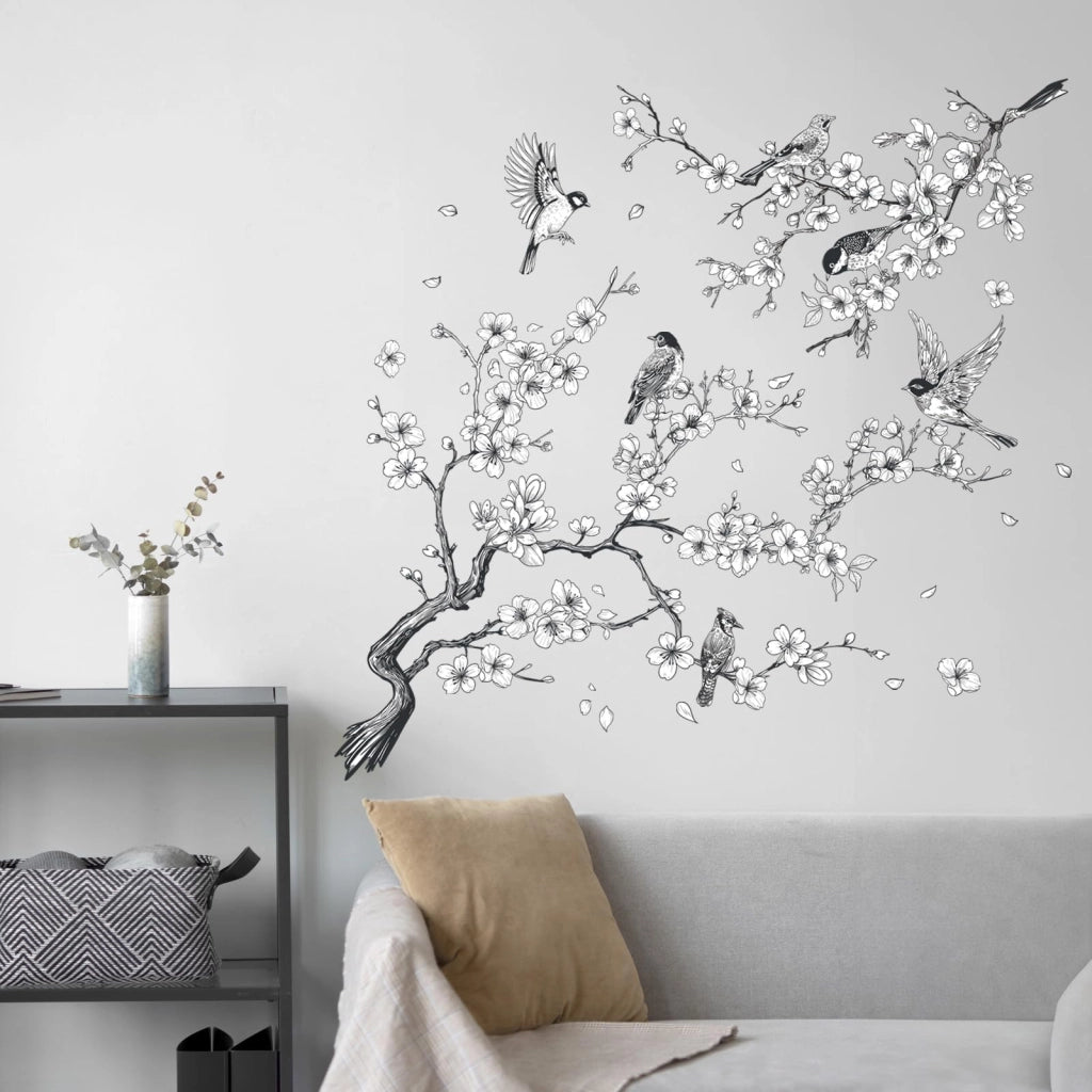 Adesivo da parete, stile vintage, con uccelli, ramo di albero, colore nero, 2 pezzi, dimensioni 30x90 cm