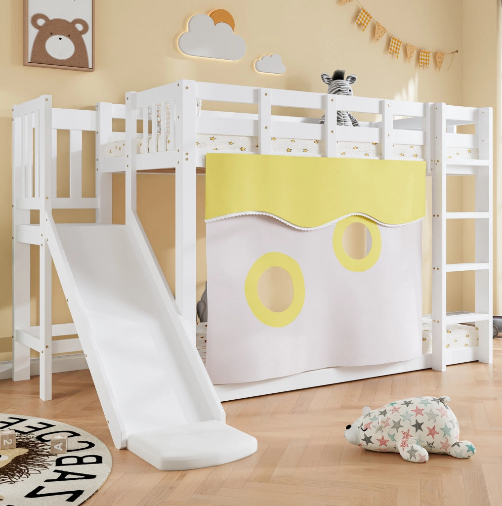 Letto a soppalco per bambini 90x200 cm con scala; scivolo e tende in pino e MDF bianco