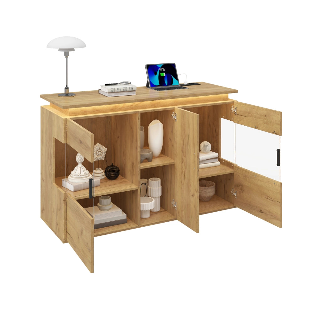 Credenza rovere chiaro con luci a 16 colori e prese di ricarica