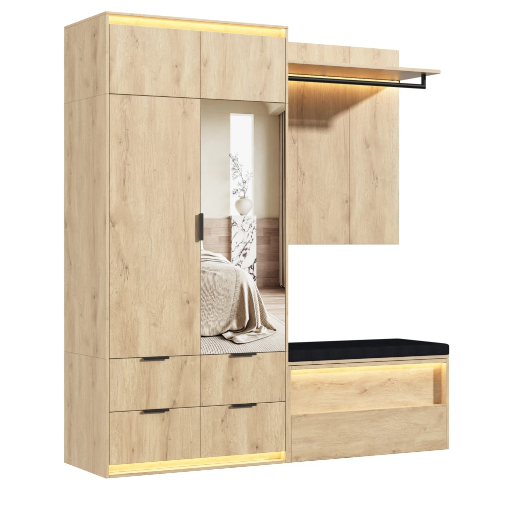 Mobile ingresso in MDF con specchio, panca e LED, 180 x 47 x 200 cm