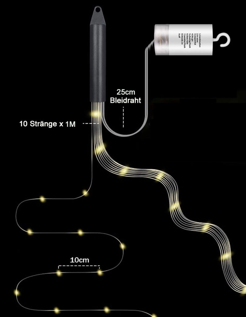 Catena luminosa da 1 metro, 100 LED, luce bianca fredda, alimentazione a batteria, con telecomando