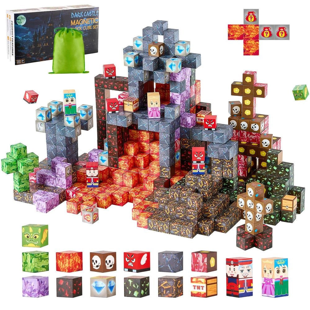 Set 100 Pezzi Cubi Magnetici da Costruzione Castello Oscuro XL20-002 Blocchi Gioco Sensoriale Montessori STEM 20x20x20 mm
