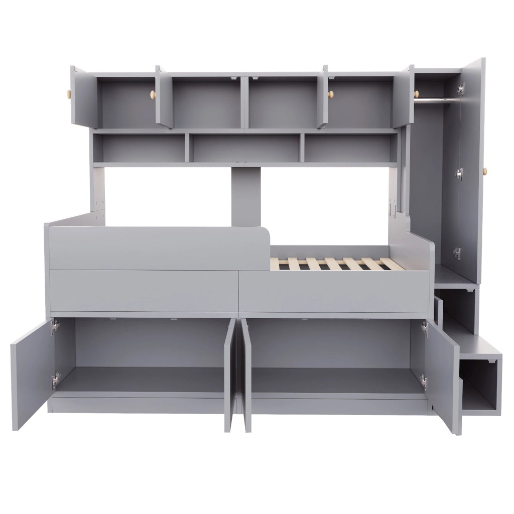 Letto per bambini 90 x 200 cm grigio con contenitori, armadio, scala e luci LED