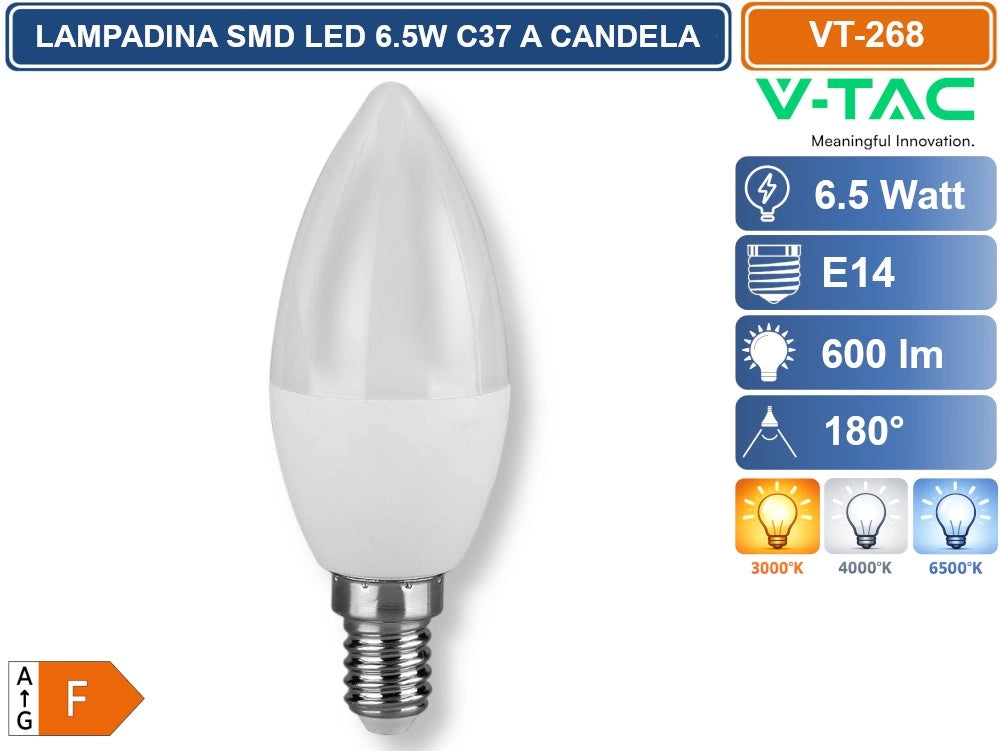 10 PEZZI V-TAC VT-268 LAMPADINA SMD LED E14 6.5W CANDELA C37 - Colore Luce:Bianco Caldo