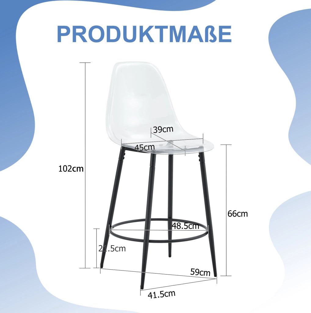 SGABELLO da bar 66 cm in plastica trasparente e metallo nero, set da 2 pezzi